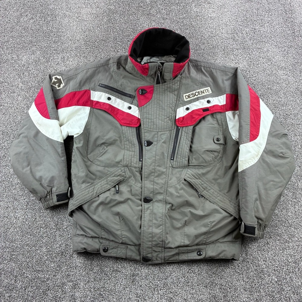 Vintage Descente Ski Jacket Mens Medium Gray Red White Colorblock Puffer Coat